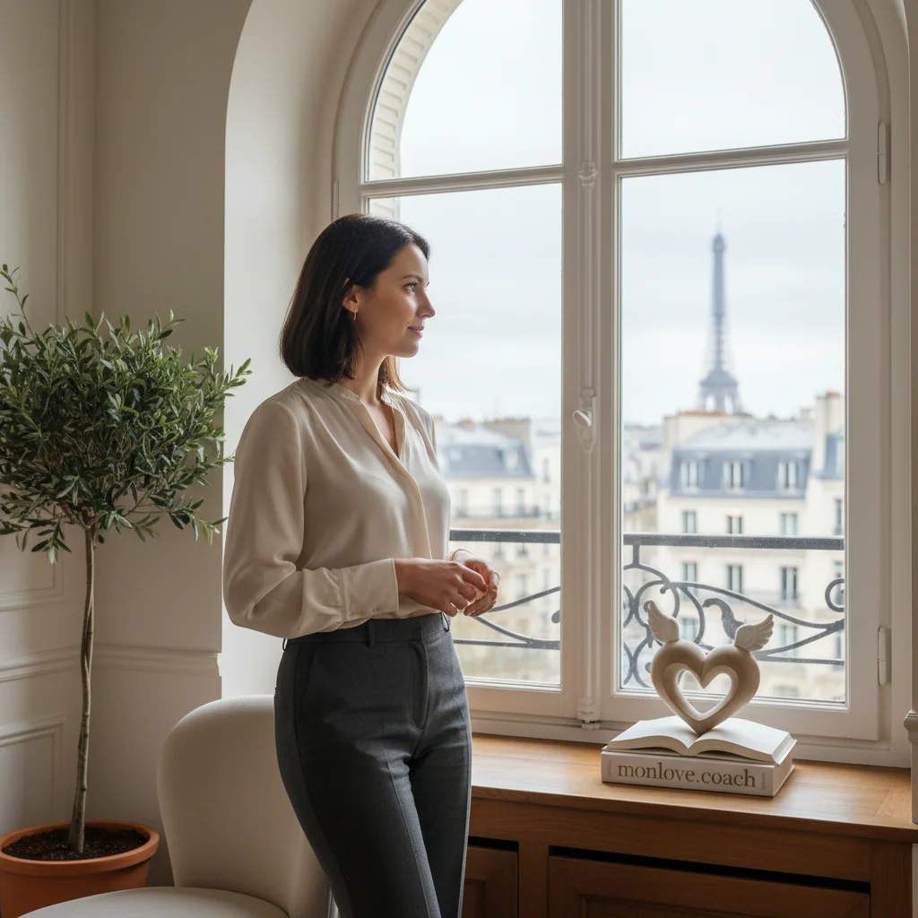 Personne sereine regardant par la fenêtre, symbole de détachement sain